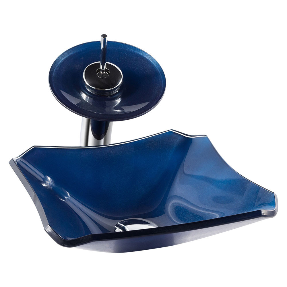 CONJUNTO CUBA BANHEIRO LAVABO RETRÔ 38CM VIDRO + TORNEIRA CASCATA E VÁLVULA CLICK INOX