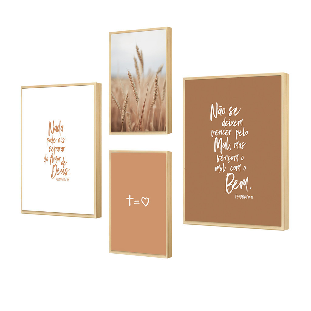 Kit 4 Quadros Decorativos Capim + Frases Bíblicas | Salmos - Fé e Elegância para Sala e Quarto