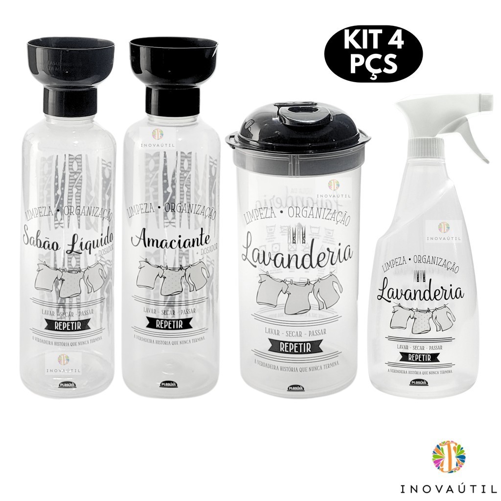 Kit Lavanderia 4Pçs Porta Sabão em Pó 1kg Sabão-Líquido Amaciante Borrifador C/Tampa Dosadora 970ml