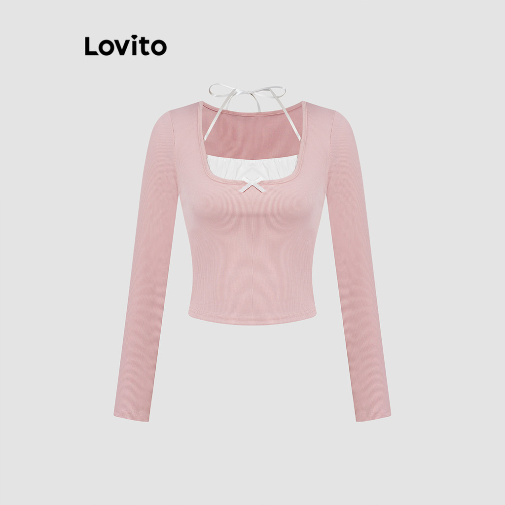 Lovito Camiseta casual lisa com cadarço e bloco de cores para mulheres L117AD533 - Women Clothes