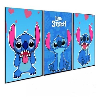 Kit 3Pç 50x30 Quadros Decorativos Lilo Stitch Azul Mdf Sala Quarto Premium Luxo
