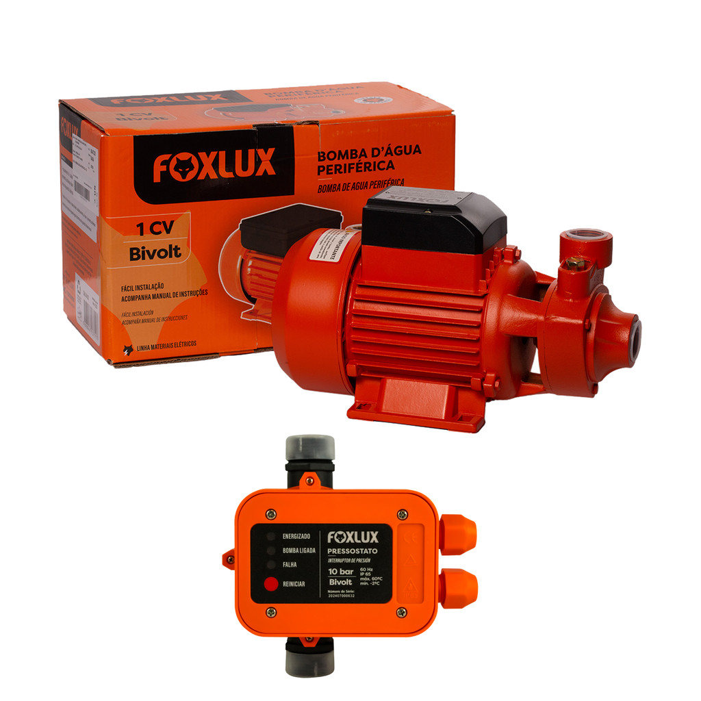 Kit Bomba Periférica 1CV com Pressostato Automático Foxlux Bivolt para Água Limpa