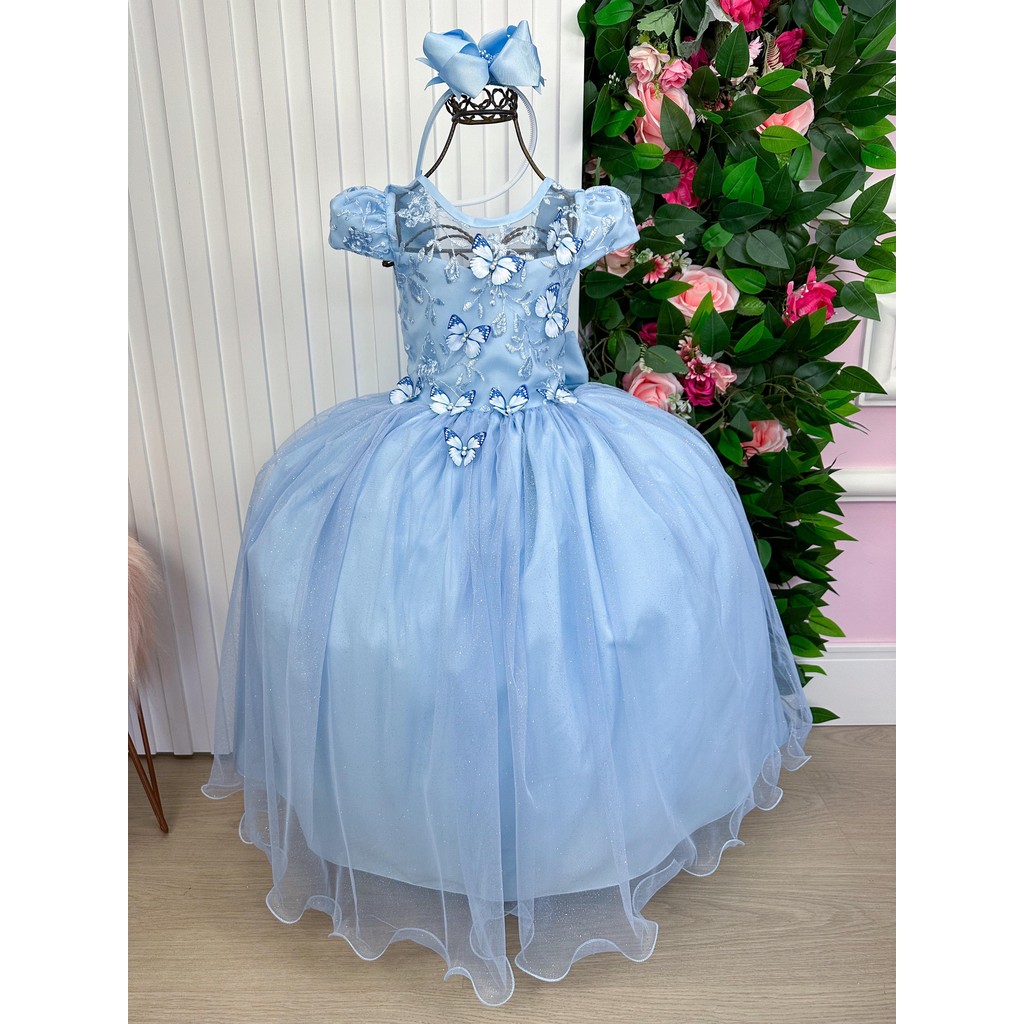Vestido Vila Lele Longo Jardim Encantado Borboletas Azul Bebe Casamento Formatura Noiva Batizado Elegante Luxo Clássico
