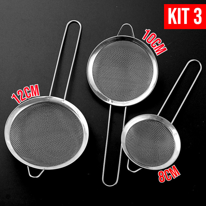 Kit 3 Peneira Coador de Aço Inoxidável Utensílios de cozinha para Cozinha Peneiras de 3 Tamanhos