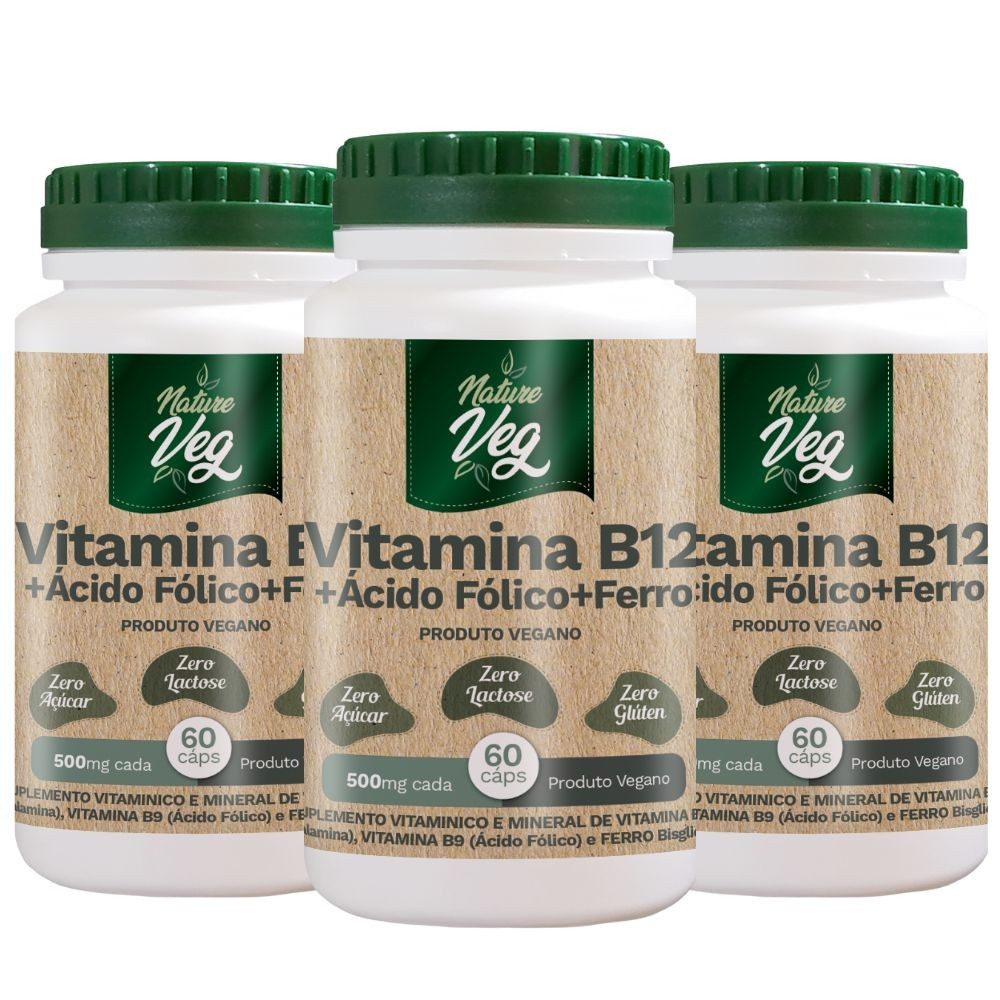 Kit 3 Suplemento Alimentar - Vitamina B12 + Ácido Fólico + Ferro (Produto Vegano) 60 Cápsulas 500mg