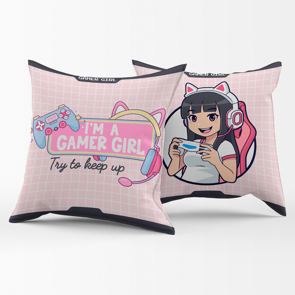 Par de Almofadas Estampadas Cheias Girl Gamer Rosa 45cm x 45cm - Enchimento Refil em Silicone Decoração Quarto Cama Menina Infantil Juvenil Feminino Garota Games Anime Nerd Geek Controle Videogame Console Jogos