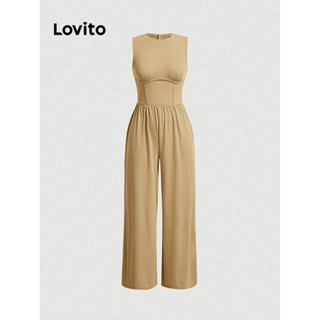 Lovito Macacão Casual De Linha De Estrutura Lisa Pintucks Para Mulheres L77ED377