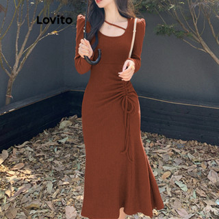 Lovito Vestido Assimétrico Lisa com Cordão para Mulheres LNE21306 (Marrom)