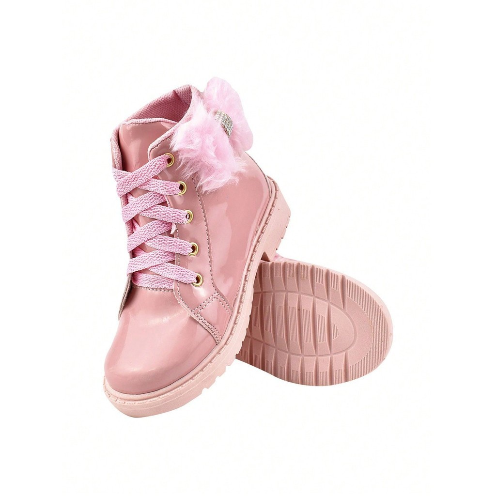 Bota Feminina Coturno Infantil Feminino Botinha Laço Lateral Aveludado Blogueirinha