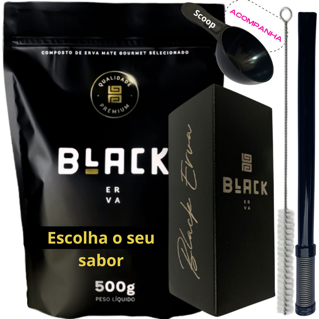 Kit Tereré Black Erva Mate Copo quadrado Inox Preto Bomba Mola Externa Preta de Inox + Escovinha