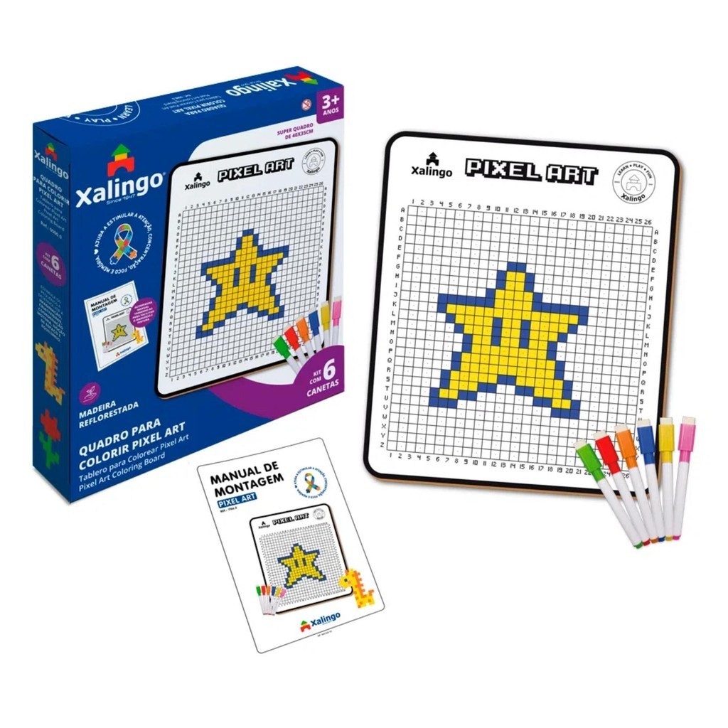 Brinquedo Quadro para Colorir Pixel Art II C/6 Canetas Coloridas e Apagador Crianças a Partir de 3 Anos Xalingo - 17665 em Oferta na Shopee
