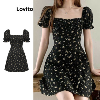 Lovito Casual Vestido com Manga Bufante e Plissado para Mulheres L80ED265