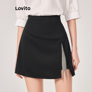 Lovito Casual Saia Feminina Lisa com Fenda e Franja L71ED103 (Preto)