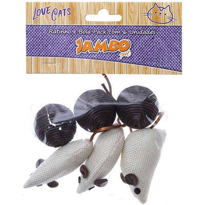 Brinquedo Jambo Ratinho e Bola Pack Marrom 6un Cat Relax Para Gatos