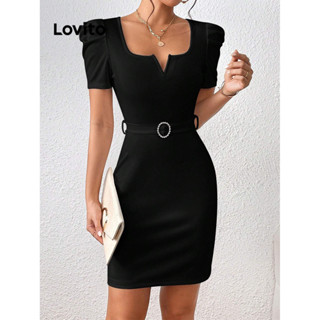 Lovito Elegante Vestido Feminino Liso de Manga Bufante com Cinto Strass e Fenda Traseira LBL08402