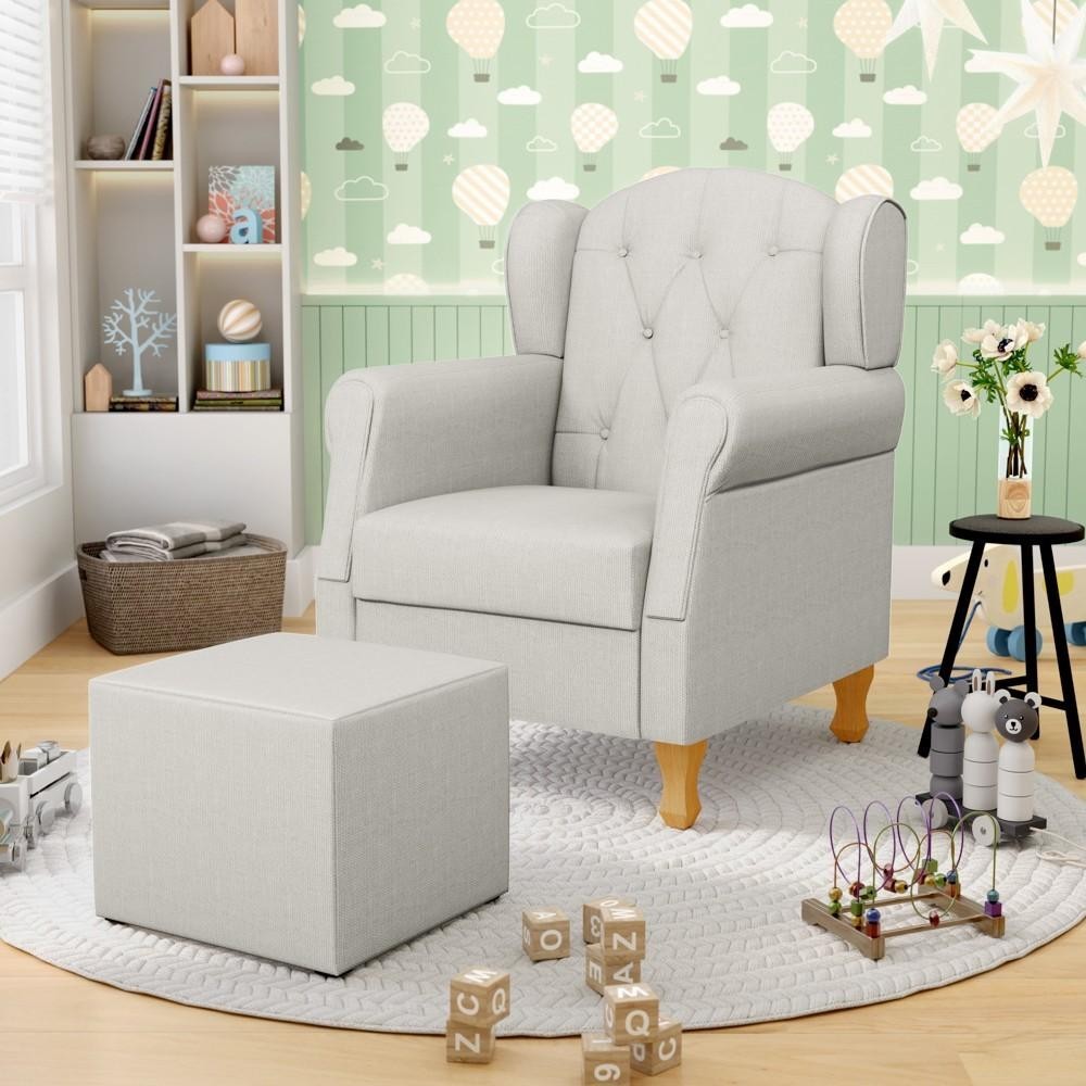 Poltrona de Amamentação e Descanso Pés de Madeira e Puff Lucy P04 Linho Off White - Mpozenato em Oferta na Shopee