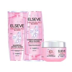 Kit Elseve L'Oréal Paris Glycolic Gloss - Shampoo, Condicionador e Tratamento Antiporosidade para Cabelos Lisos e Brilha
