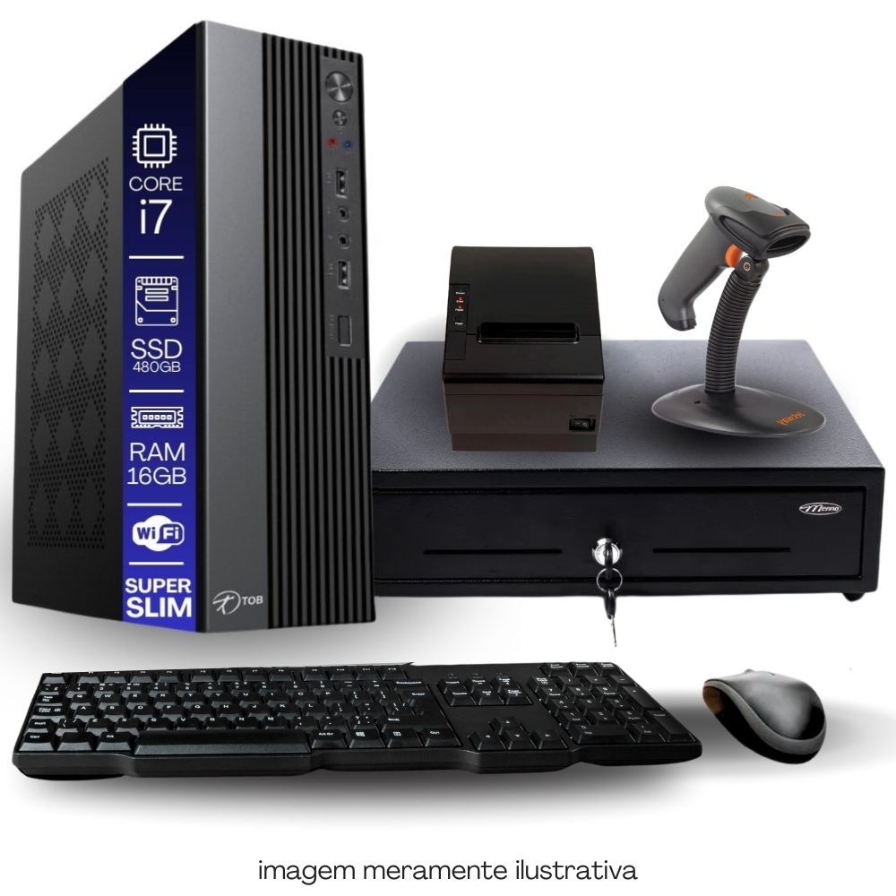 Kit PDV TOB Intel i7 16GB SSD 480GB Win11 Rede S/Fio Teclado Mouse Gaveta Dinheiro Imp Térmica Leitor Código de Barras