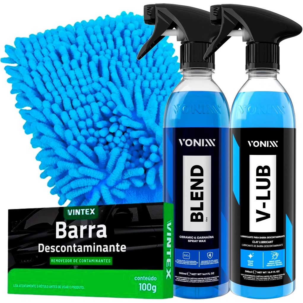 Kit Limpeza Automotiva Descontaminante Cera Blend Spray V-Lub Vonixx Barra V-Bar Vintex Luva Microfibra Karbox Oferta