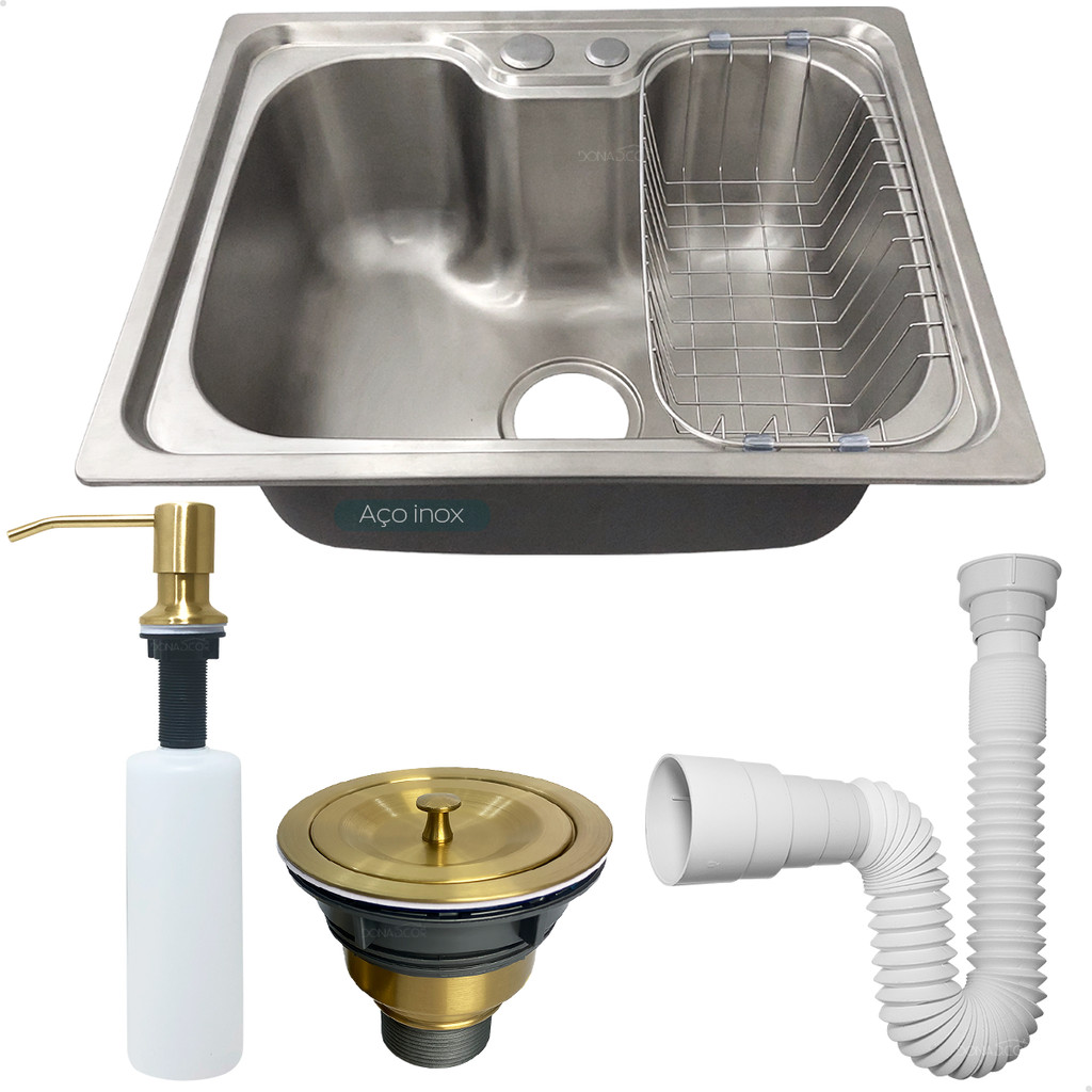 Cuba Gourmet Inox 304 Pia Cozinha 50x40 Cesto Escorredor Dispenser 500ml Dourado Valvula E Sifão