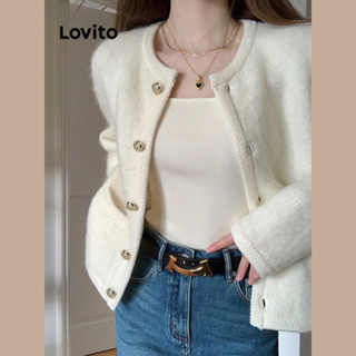 Lovito Casual Cardigã Feminino Liso com Bolso e Botão Frontal LNA30039 (Off White)