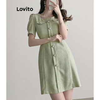 Lovito Vestido Casual De Bolso Falso Com Pérolas Lisas Para Mulheres LNE33129 (Verde/Azul Marinho)