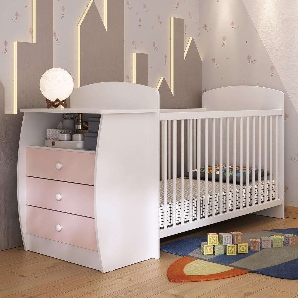 Berço Cômoda com Colchão Incluso Colinho de Mãe Multimóveis Branco/Rosa - Mom & Baby