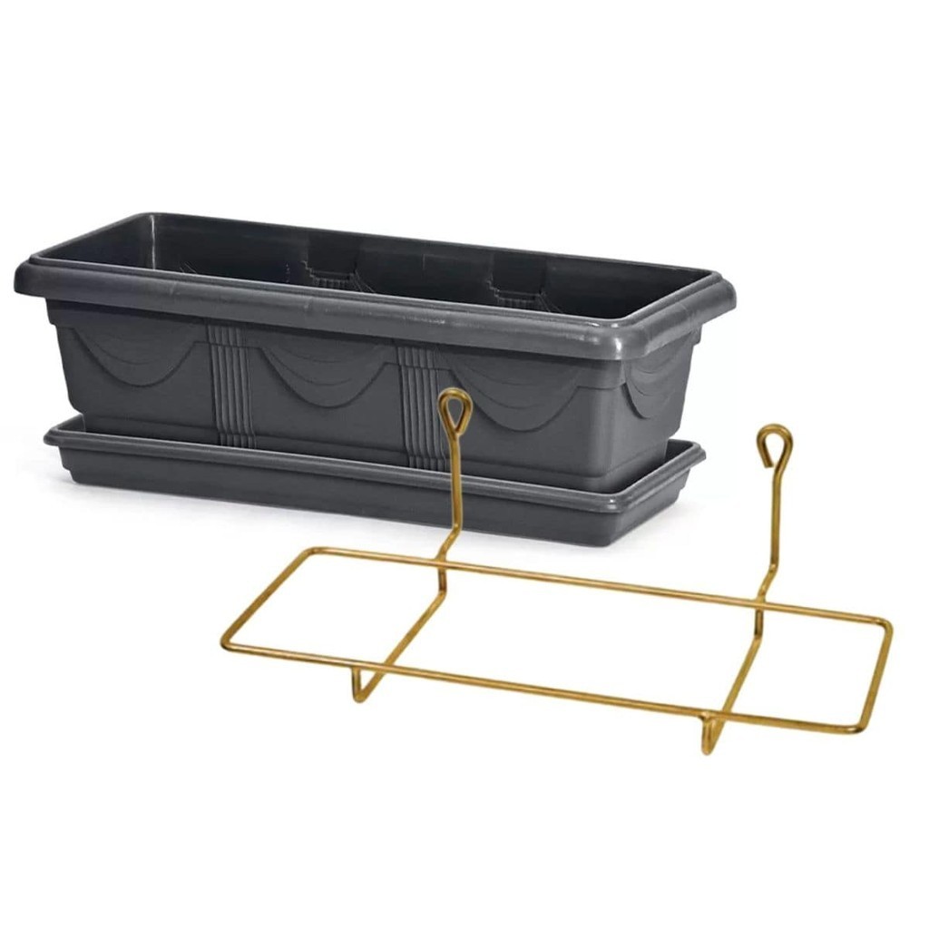 Kit Vaso Jardineira De Plástico Com Prato Brinde 35cm Suspenso Com Suporte Mão Francesa Dourado Para Pendurar na Parede