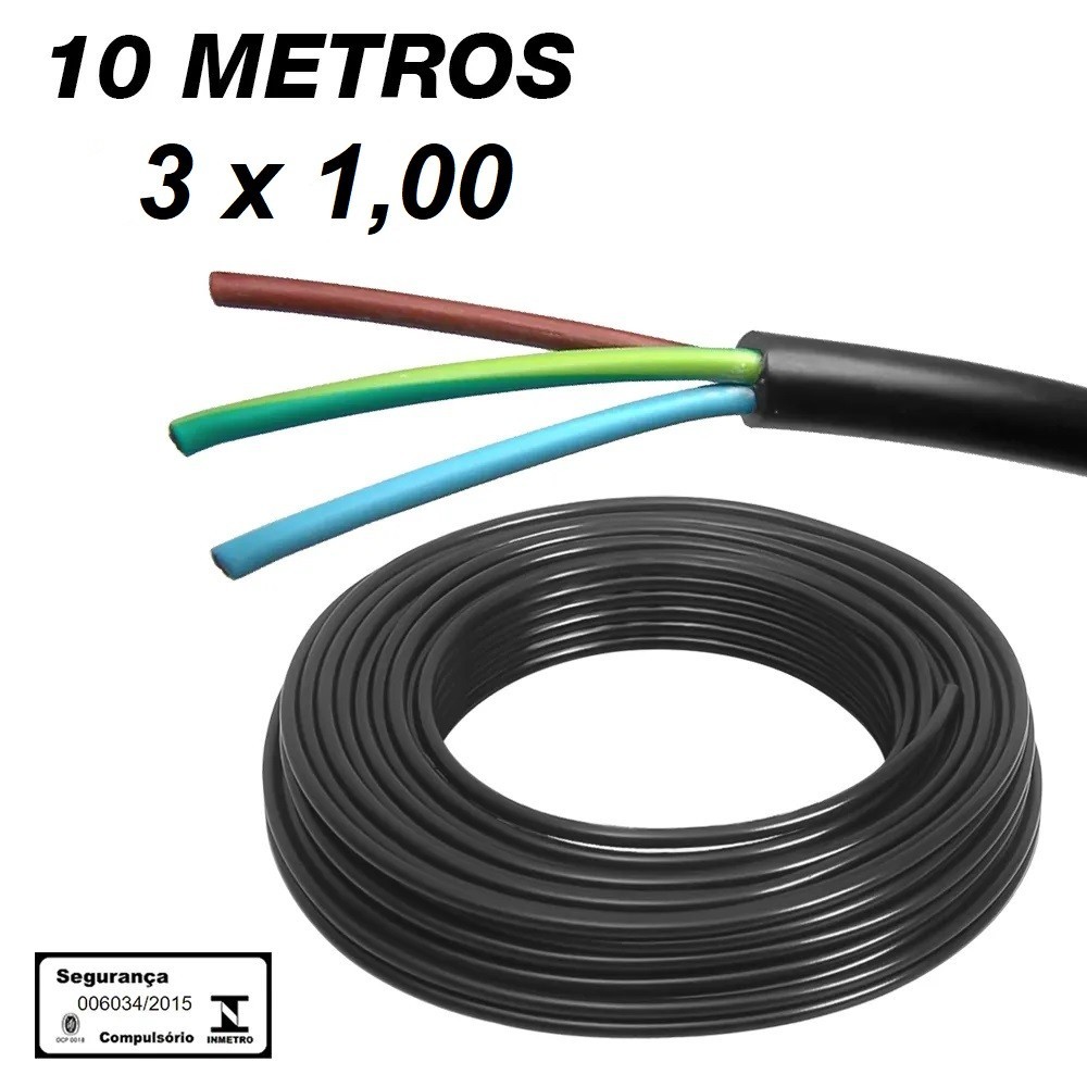 Kit 10 metros cabo pp 3x1,00mm preto