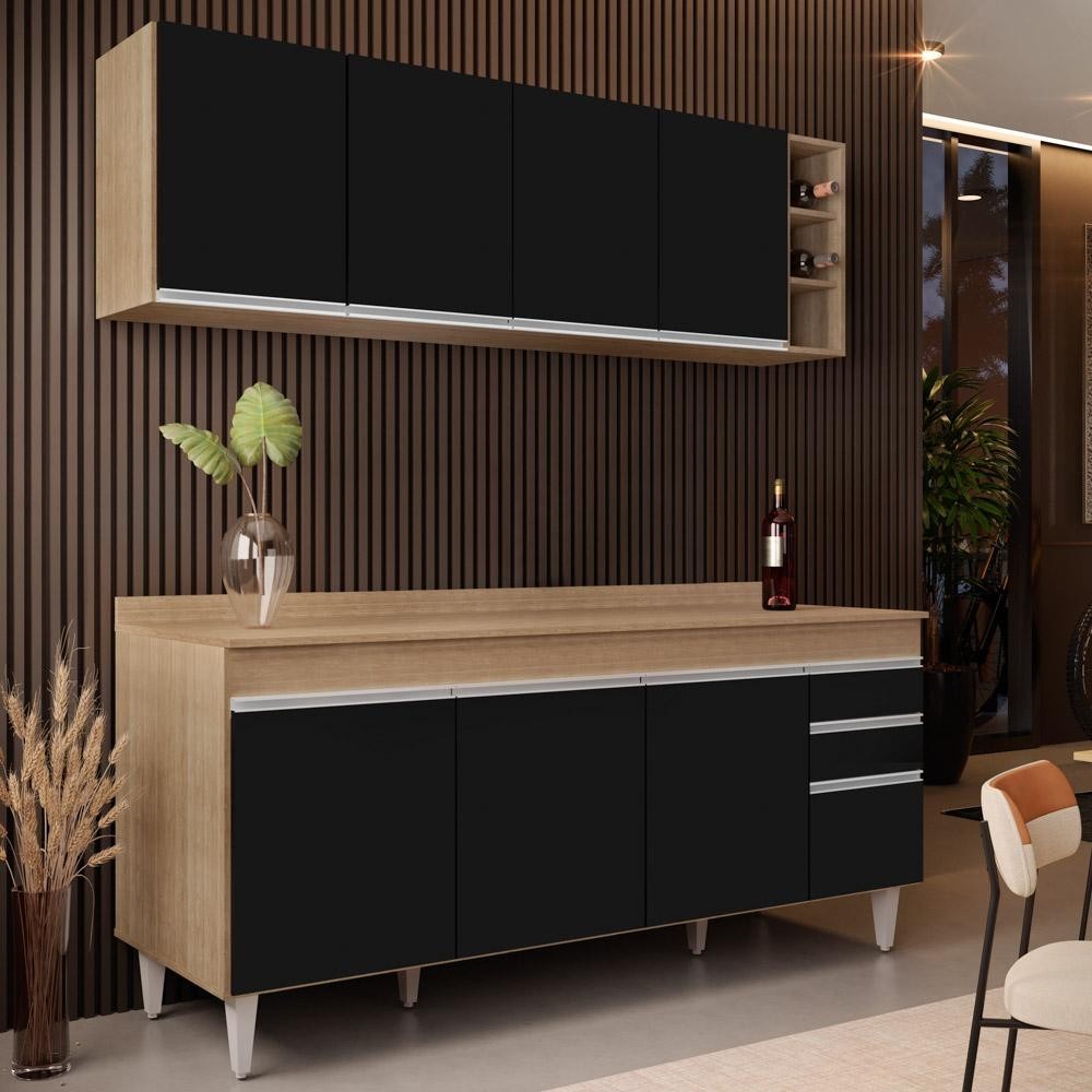 Armário Nevada e Balcão 180cm com Tampo Dallas Castanho/Pto - Lumil em Oferta na Shopee