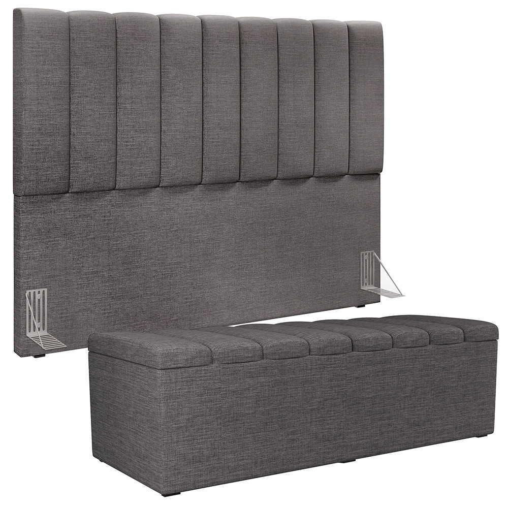 Kit Cabeceira Cama Box Queen 160cm Calçadeira Baú Dália W01 Linho Cinza Escuro - Lyam Decor