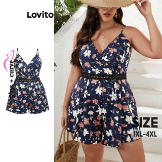 Lovito Plus Size Macaquinho Feminino Boho Floral com Renda e Fita de Contraste LBL08247