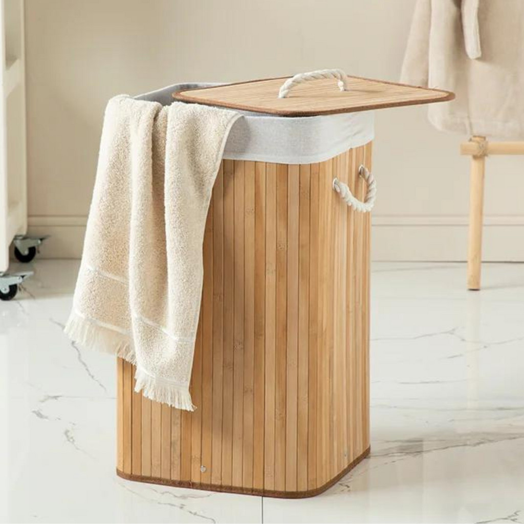 Cesto de Roupa Suja Bambu Com Tampa e Alças 50 Litros Grande Organizador Multiuso Barato