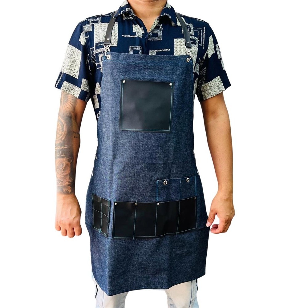 Avental De Tecido Jeans Azul com Bolsos Preto Multiuso para Barbeiro e Cabelereiro cod 1727