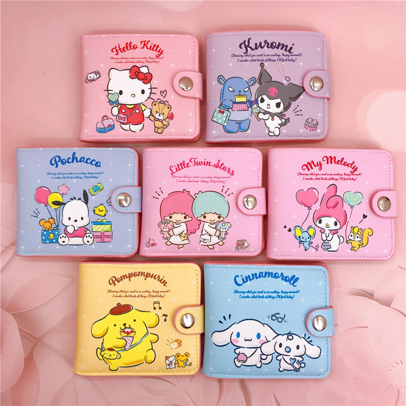Kawaii Hello Kitty Cinnamoroll My Melody Kuromi Sanrio New Pu Casual Money Bag Carteira Com Botões