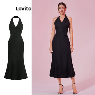 Lovito Elegante Conjunto Feminino Liso Assimétrico de Saia Alinhada com Fenda Frontal LBL08448
