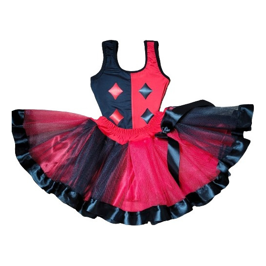 Conjunto Body e Saia Adulto Feminino Festa Fantasia de Carnaval Halloween Alerquin Alerquina Joker Vermelho e Preto