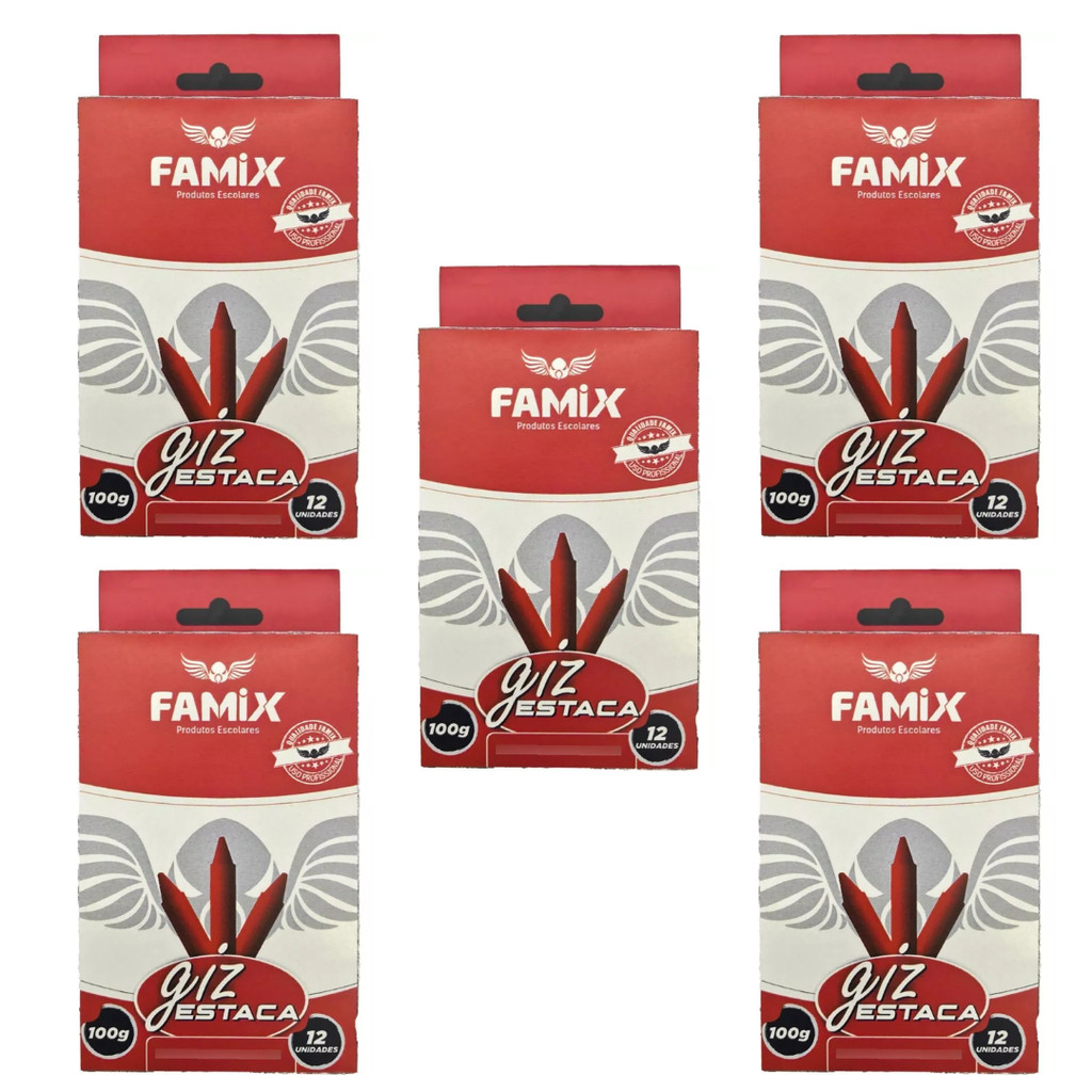 Kit Lápis Giz Estaca 5 Caixa Com 12un Cada Vermelho - Famix
