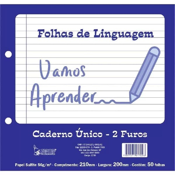 Folha com 2 furos Linguagem P/Caderno Unico 50fl - Tamoio