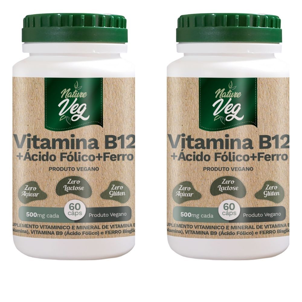 Kit 2 Suplemento Alimentar - Vitamina B12 + Ácido Fólico + Ferro (Produto Vegano) 60 Cápsulas 500mg