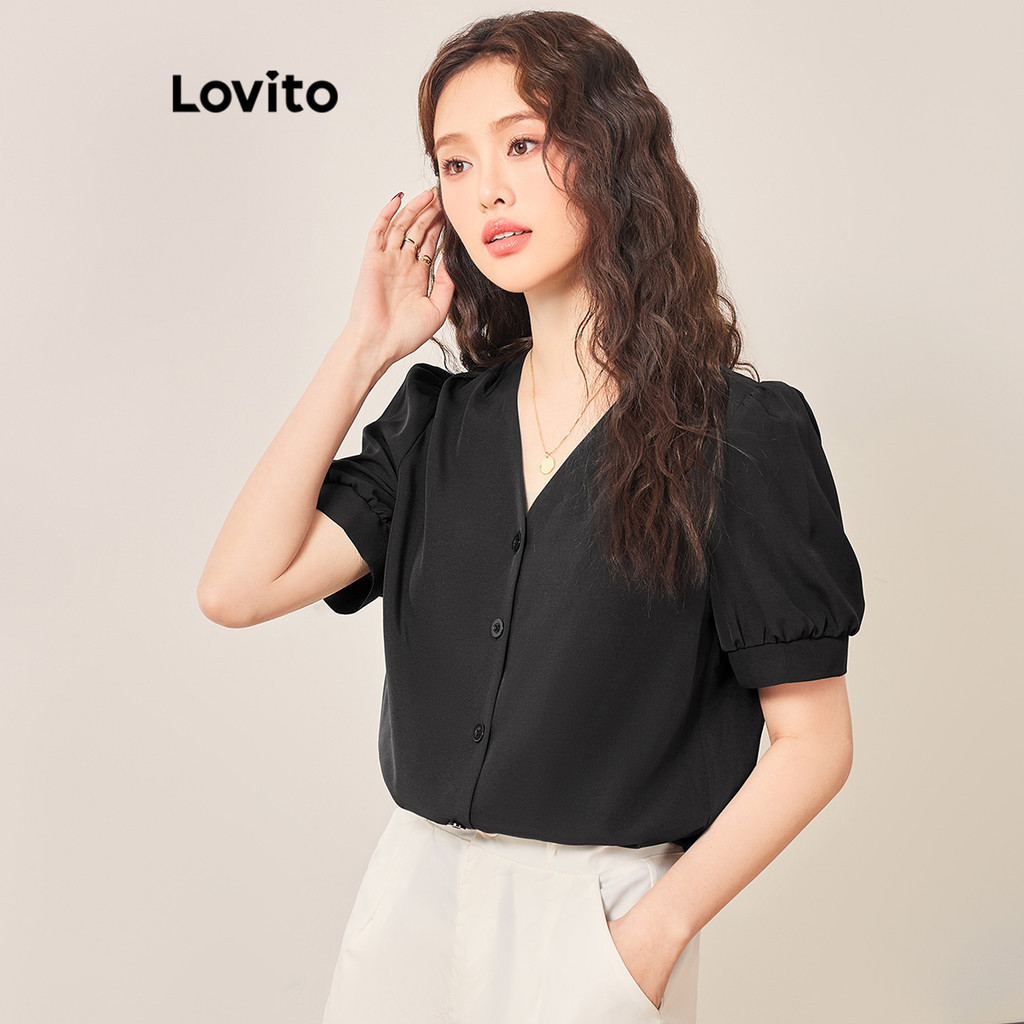 Detalhes do Lovito Blusa Casual Blusa Lisa Com Botões Para Mulheres L70AD013 (Preto)
