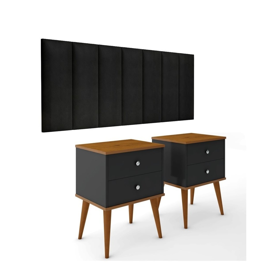 Conjunto Quarto Berlim 1,60 Cabeceira Cama queen 1,60 Com 2 Mesas de Cabeceira berlim preto