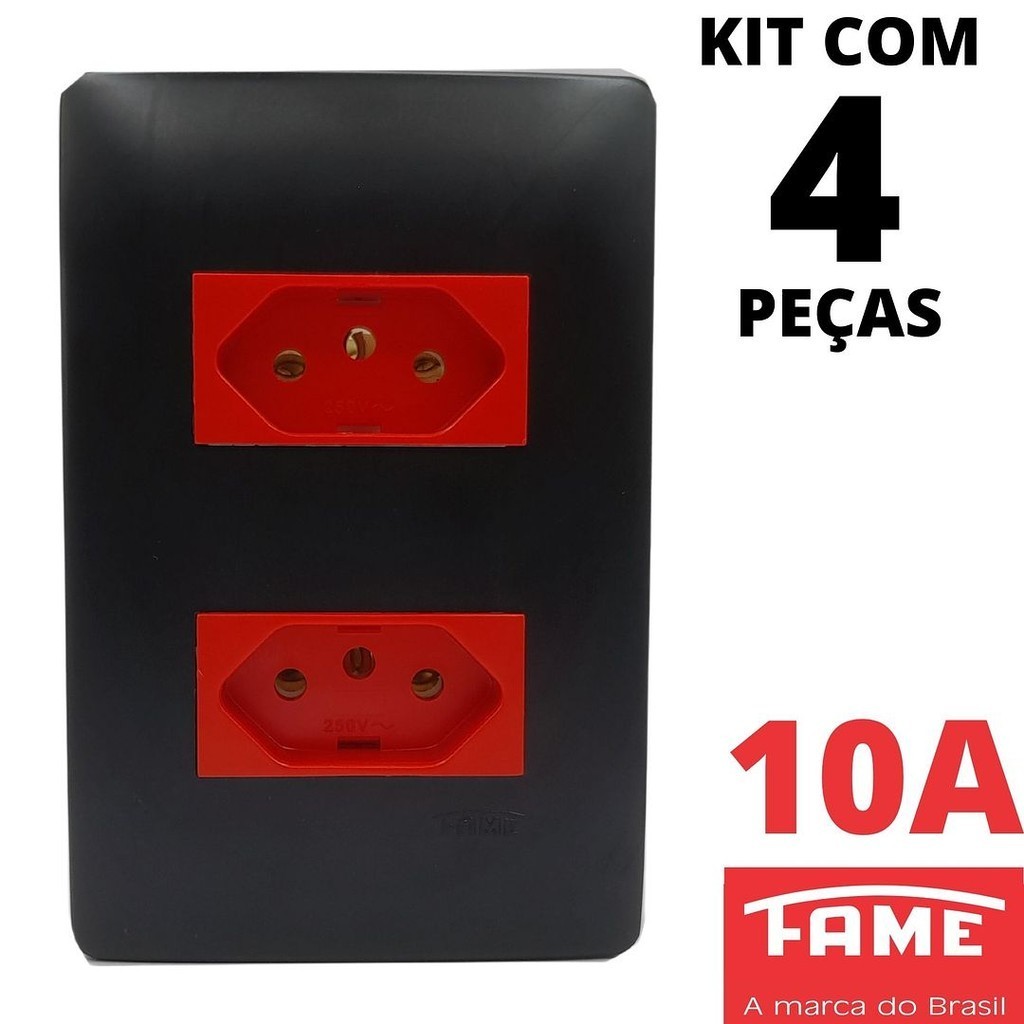 4un Tomada Padrão Dupla 2P+T 10A Vermelha Com Placa Habitat Black Preto FAME