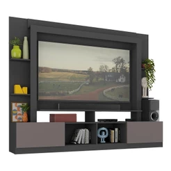 Rack Estante com Painel TV 65" e 2 portas Oslo Multimóveis Preto/Lacca Fumê