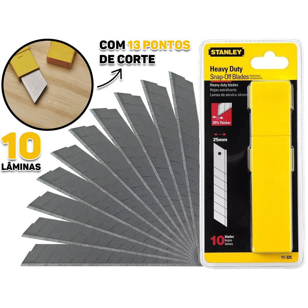Kit Lâminas De Reposição Para Estilete Aço Carbono 25mm Corta Papéis Papelão Carpete Isopor 10 Unidades Stanley