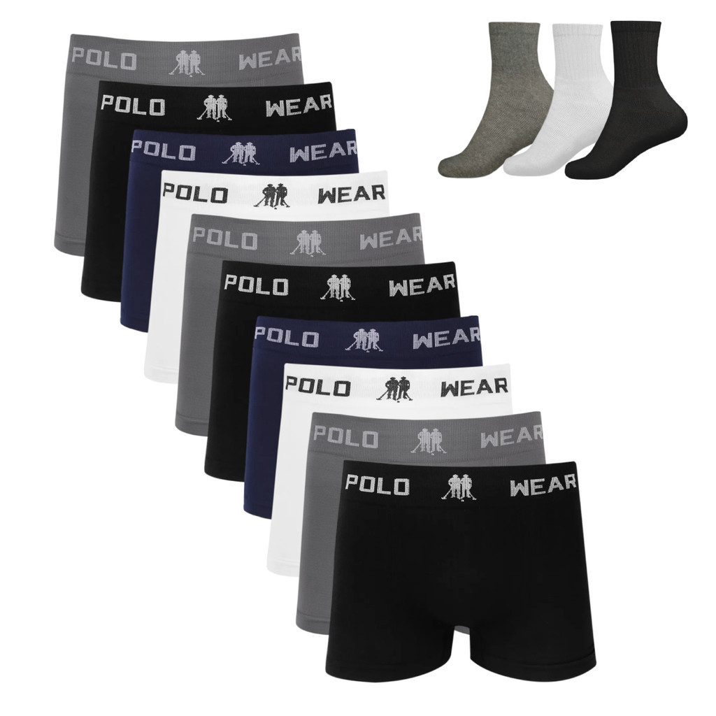 Kit 10 Cueca Boxer Polo Wear Microfibra Sortido + 3 Meias M15