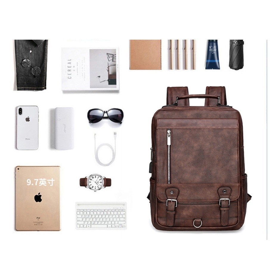 Mochila De Couro Legítimo Executiva Notebook 15.6 USB Resistente Viagem Trabalho Faculdade — imagem 2 de 2