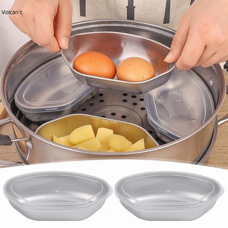 1/3Pcs Bandeja De Vapor Multiuso De Aço Inoxidável Vieiras Com Tampa Em Forma De Leque Organizador De Caixas De Crisper Divididas Acessórios De Cozinha