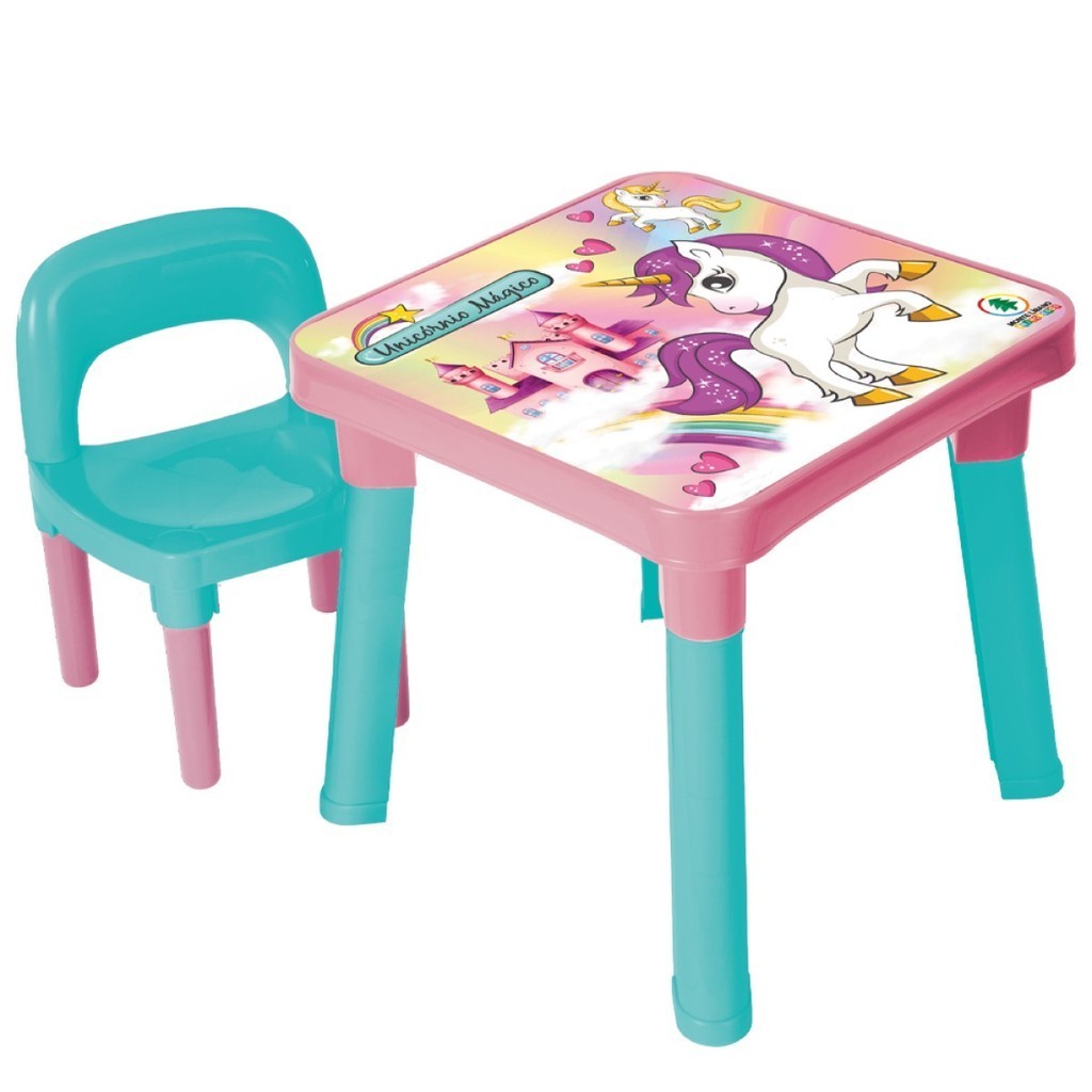 Mesinha Infantil Didática Mesa C/ Cadeira Unicórnio Mágico
