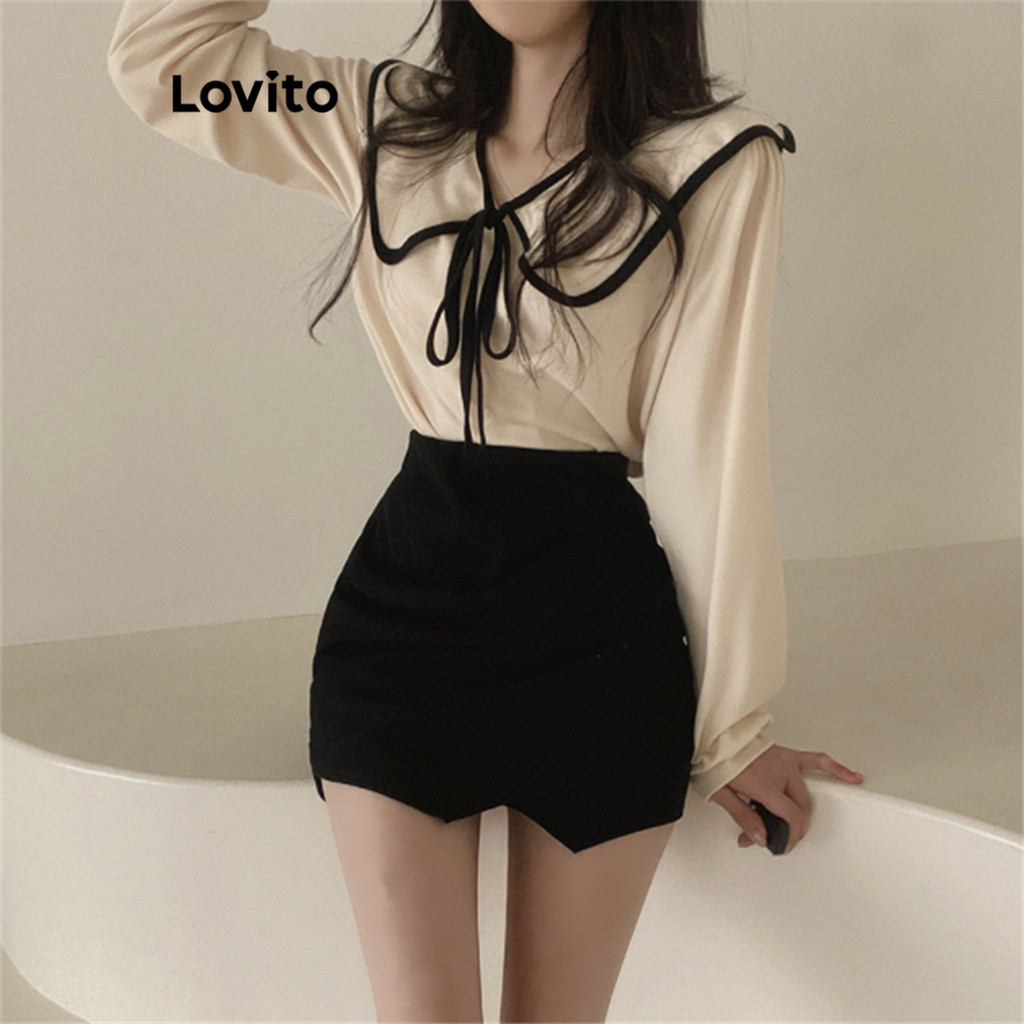 Detalhes do (Trendy) Lovito Casual Blusa Manga Bispo com Babados e Fita de Contraste LNE24175 (Multicolorido)